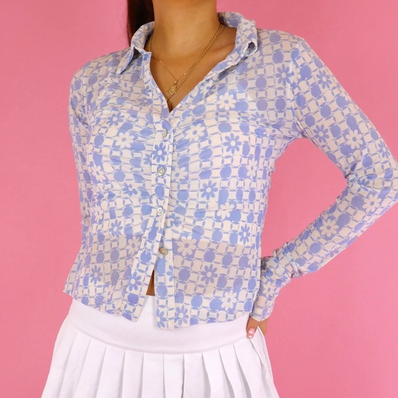 Cotton Candy Tops - COTTON CANDY LA MESH FLORAL BUTTON FRONT LONG SLEEVE TOP